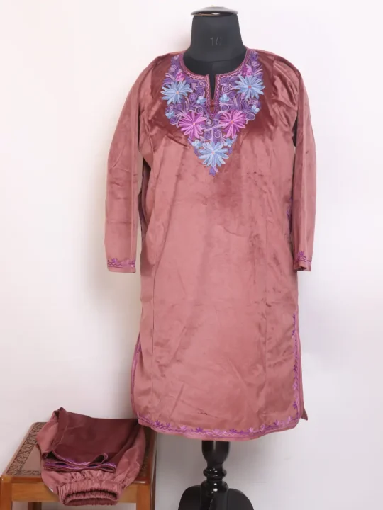 Inshirah 2Pc Kashmiri Girls Dusty Rose Pheran In Holland Velvet With Floral Embroidery (12 to 13Y)