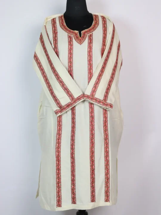 Shabana White Cashmilon Wool Pheran with Sozni Work