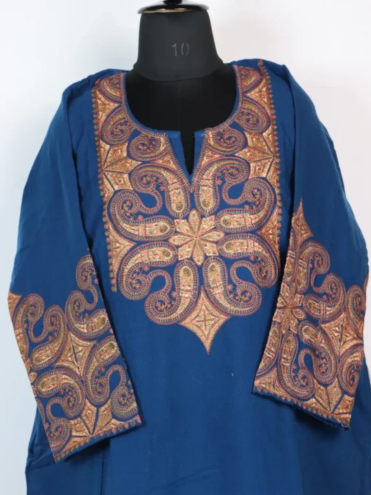 Royal Blue Cashmilon Wool Sleeve Sozni Embroidery Pheran