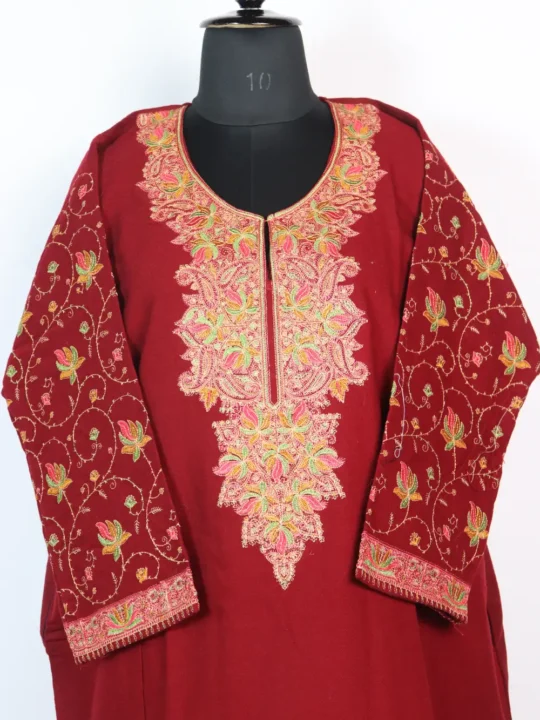 Maroon Cashmilon Wool Sleeve Sozni Work Pheran