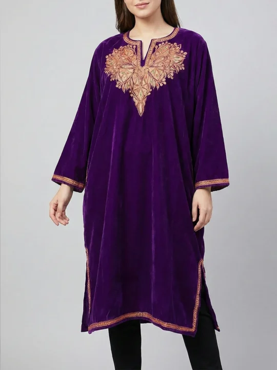 Purple Shafaq Pheran in Velvet with Tilla Work