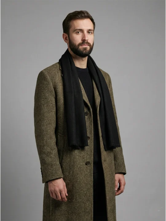 Pure Pashmina Mens Black Muffler in Chashme Bulbul Pattern