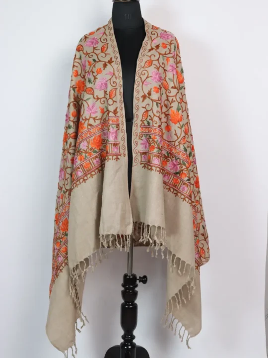 Cashmilon Wool Aari Embroidery Cream Shawl Fareeda