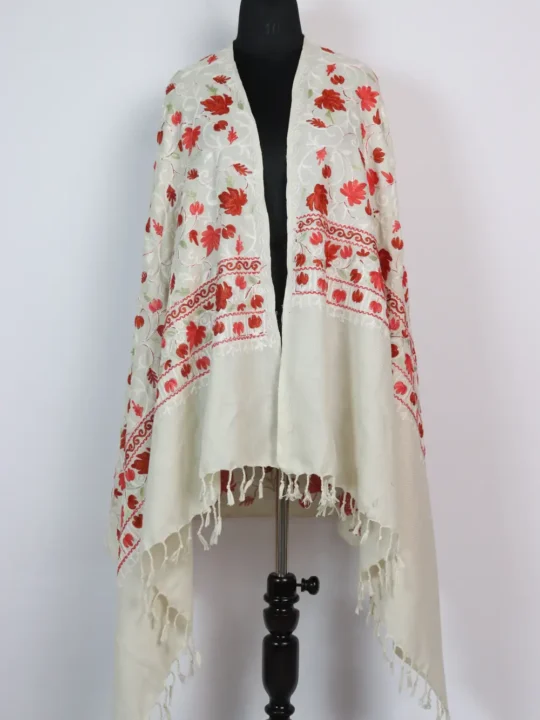 Rubina White Cashmilon Wool Shawl with Aari Work