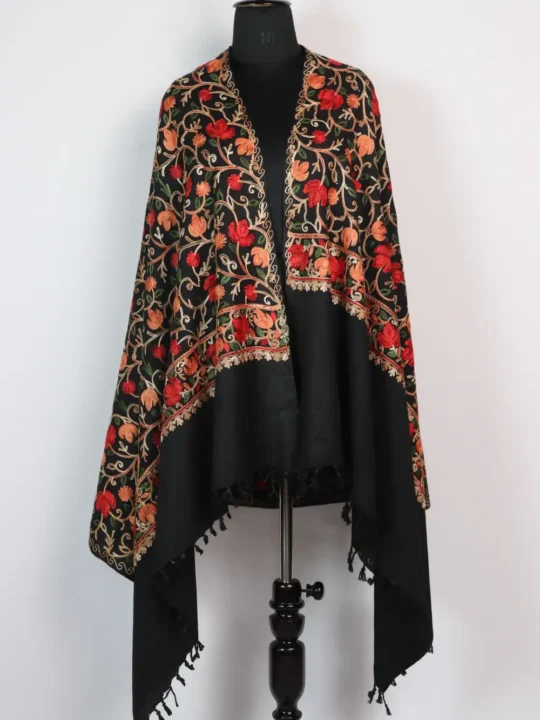 Black Cashmilon Wool Yasmeen Shawl with Aari Embroidery