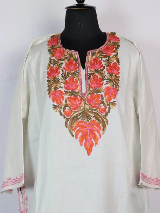 White Cashmilon Wool Pheran with Aari Embroidery