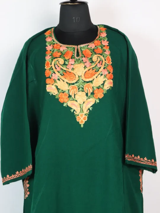 Farzana Dark Green Cashmilon Wool Pheran with Aari Work