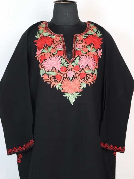 Black Cashmilon Wool Aari Embroidery Pheran Yasmeen
