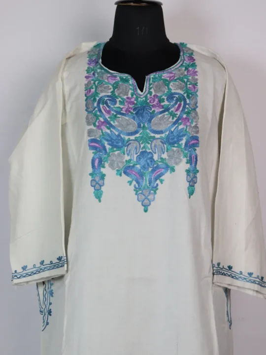 Cashmilon Wool Aari Embroidery White Naseem Pheran
