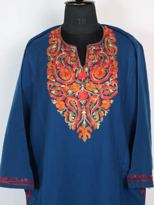 Cashmilon Wool Aari Work Blue Pheran