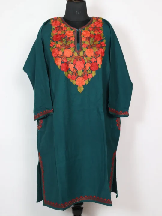 Sea Green Alamzeb Pheran with Aari Work in Cashmilon Wool