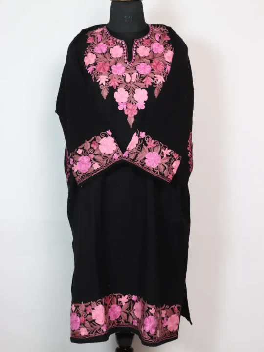 Black Pheran with Heavy Border and Sleeve Aari Embroidery in Cashmilon Wool