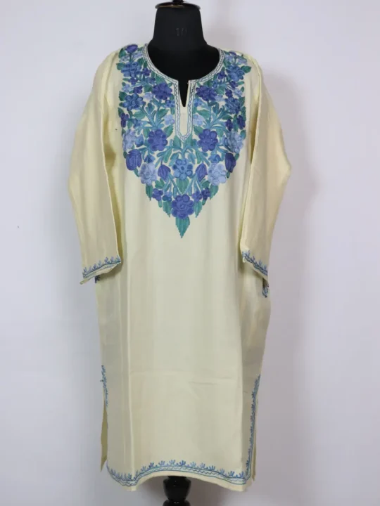 White Alamzeb Pheran with Aari Work in Cashmilon Wool