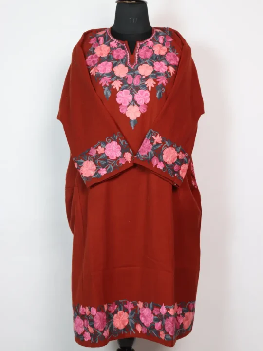 Rust Kashmiri Pheran in Cashmilon Wool with Heavy Border and Sleeve Aari Work