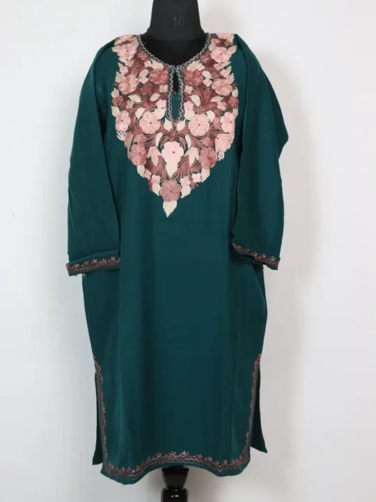 White Alamzeb Pheran with Aari Work in Cashmilon Wool