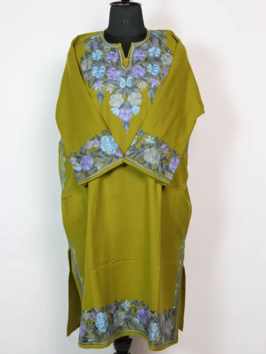 Kashmiri Green Pheran with Heavy Border and Sleeve Aari Work in Cashmilon Wool