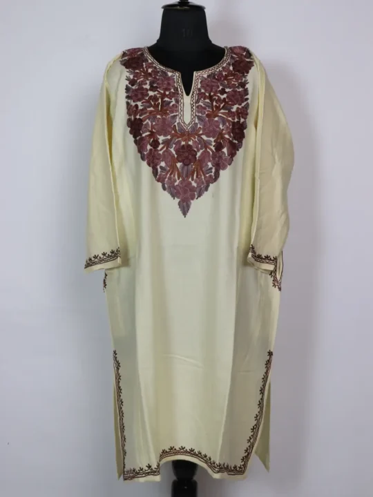 Cream Alamzeb Pheran in Cashmilon Wool with Aari Work