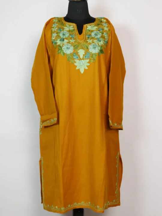 Mustard Kashmiri Heavy Border and Sleeve Aari Work Pheran in Cashmilon Wool