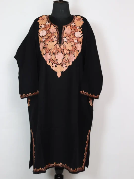 Alamzeb Black Aari Work Pheran in Cashmilon Wool