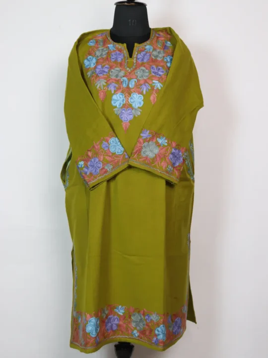 Olive Kashmiri Pheran with Heavy Border and Sleeve Aari Work in Cashmilon Wool