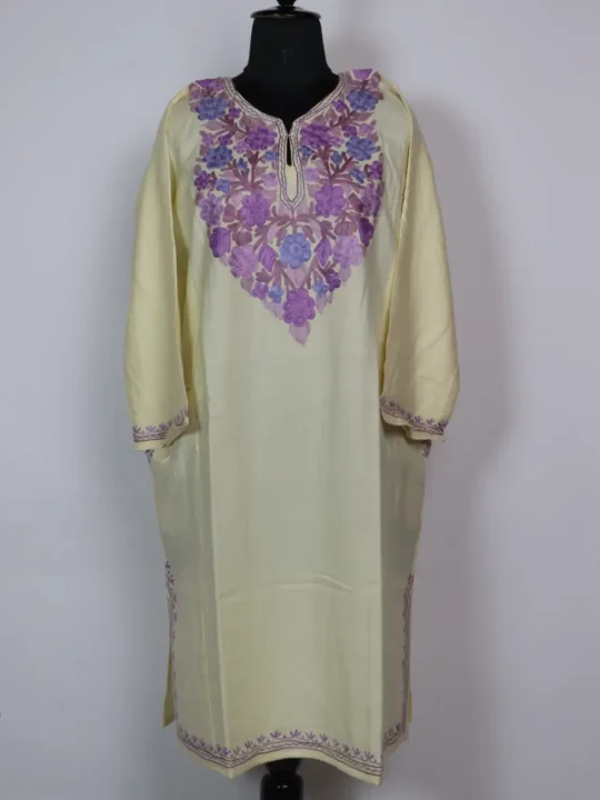 Cream Aari Embroidered Pheran in Cashmilon Wool