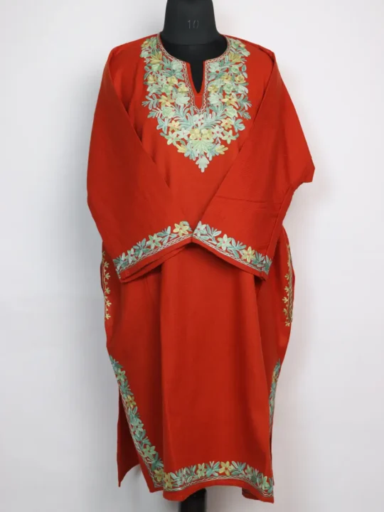 Rustic Orange Booti Aari Work Farhana Pheran in Cashmilon Wool