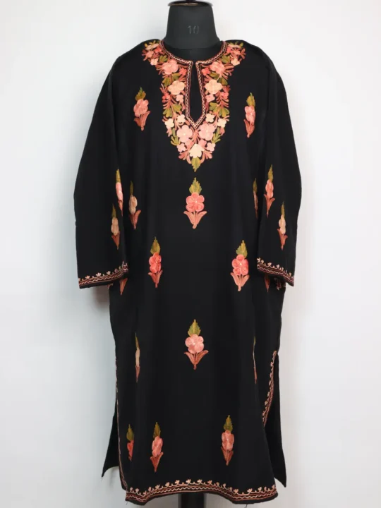 Yasmeen Booti Aari Work Black Pheran in Cashmilon Wool