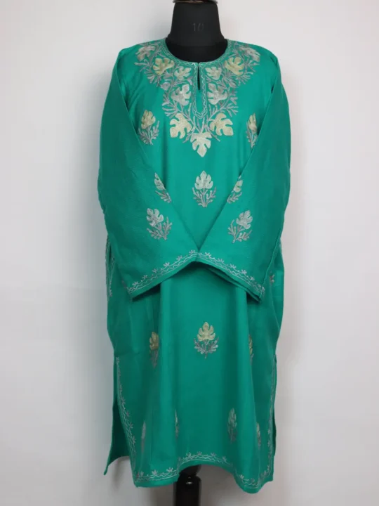 Sea Green Booti Aari Work Yasmeen Pheran in Cashmilon Wool