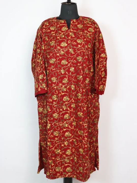 Maroon Cashmilon Wool Front Back All Over Aari Work Pheran
