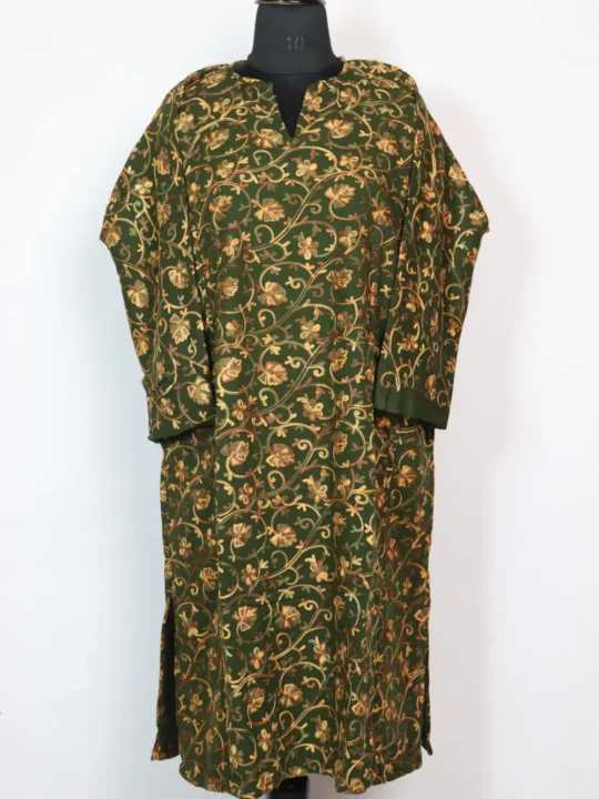 Green Cashmilon Wool Front Back All-over Aari Work Pheran