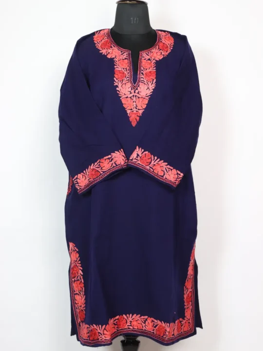 Cashmilon Wool Dark Blue Pheran with Chinar Border Aari Embroidery