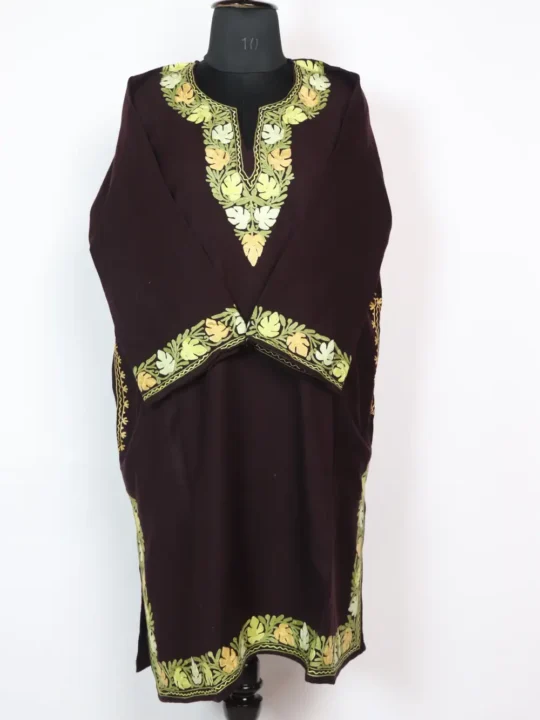 Chinar Border Aari Embroidery Dark Brown Pheran in Cashmilon Wool