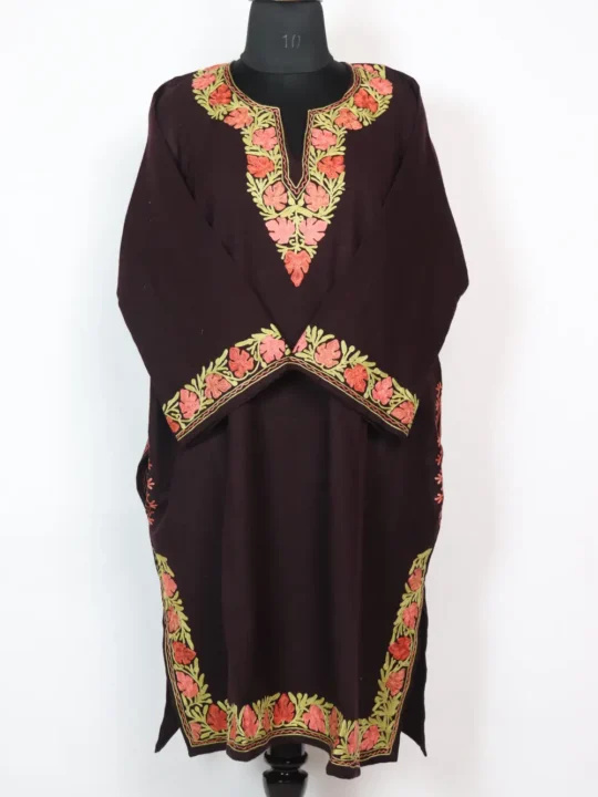Dark Brown Chinar Border Aari Embroidery Pheran in Cashmilon Wool