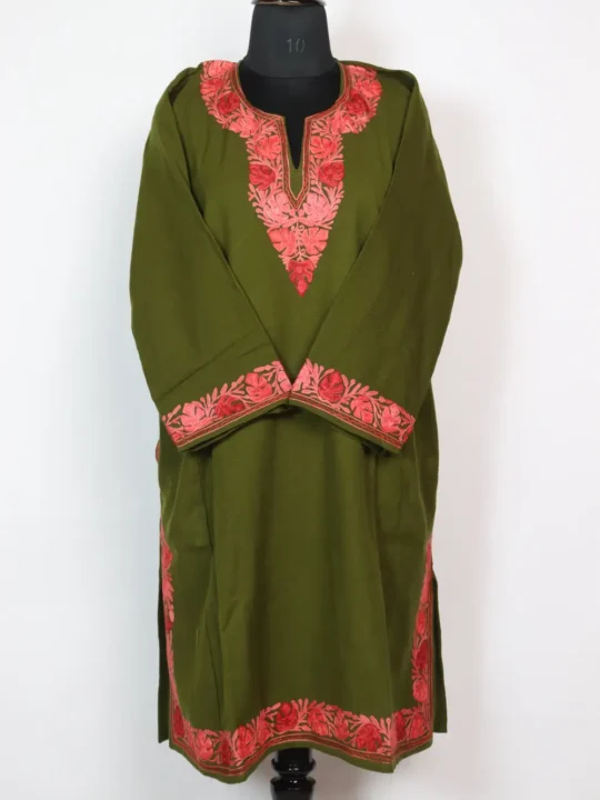 Green Chinar Border Aari Embroidery Pheran in Cashmilon Wool
