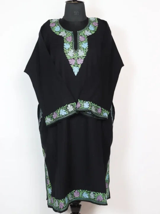 Chinar Border Aari Embroidery Black Pheran in Cashmilon Wool
