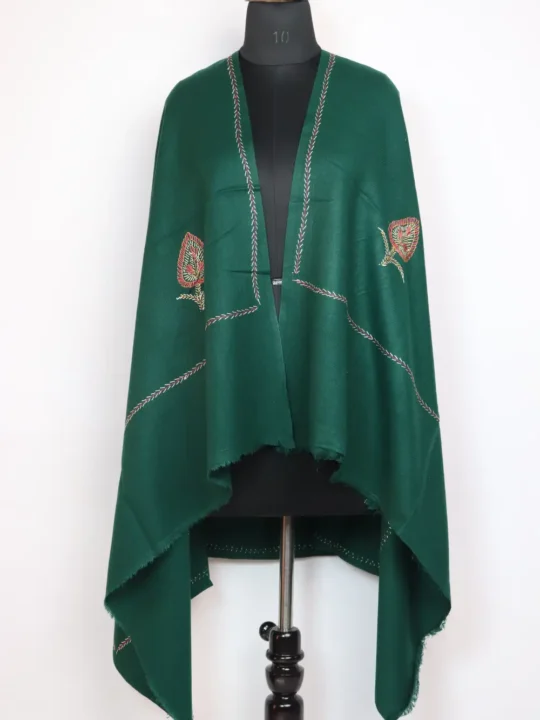 Cashmilon Wool Green Women Nigeen Shawl with Hand Sozni Embroidery