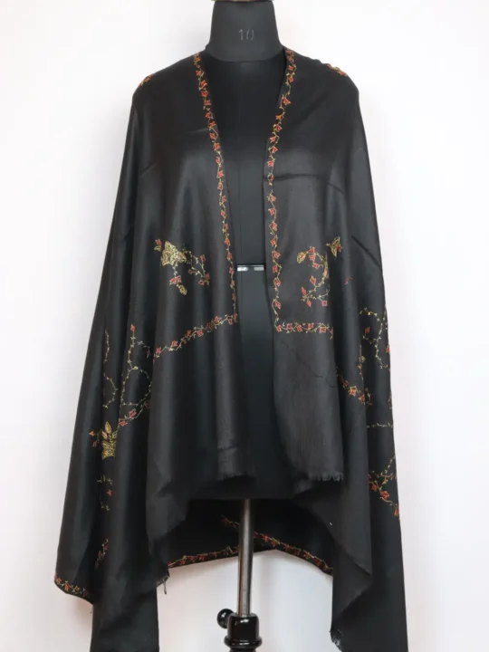 Black Cashmilon Wool Womens Nigeen Shawl with Hand Sozni Embroidery