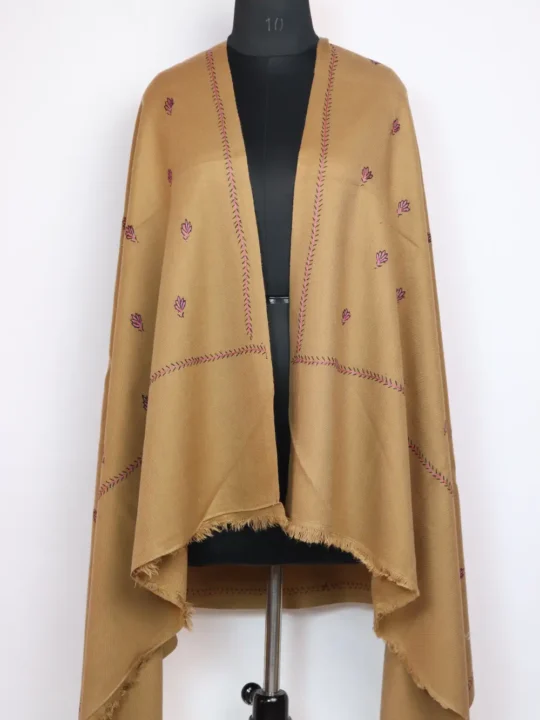 Hand Sozni Embroidery Womens Beige Nigeen Shawl in Cashmilon Wool