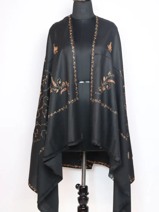 Hand Sozni Embroidery Womens Nigeen Black Shawl in Cashmilon Wool