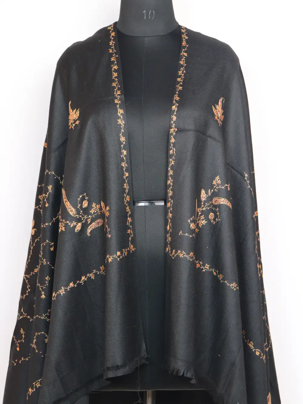 Hand Sozni Embroidery Womens Nigeen Black Shawl in Cashmilon Wool - Image 2