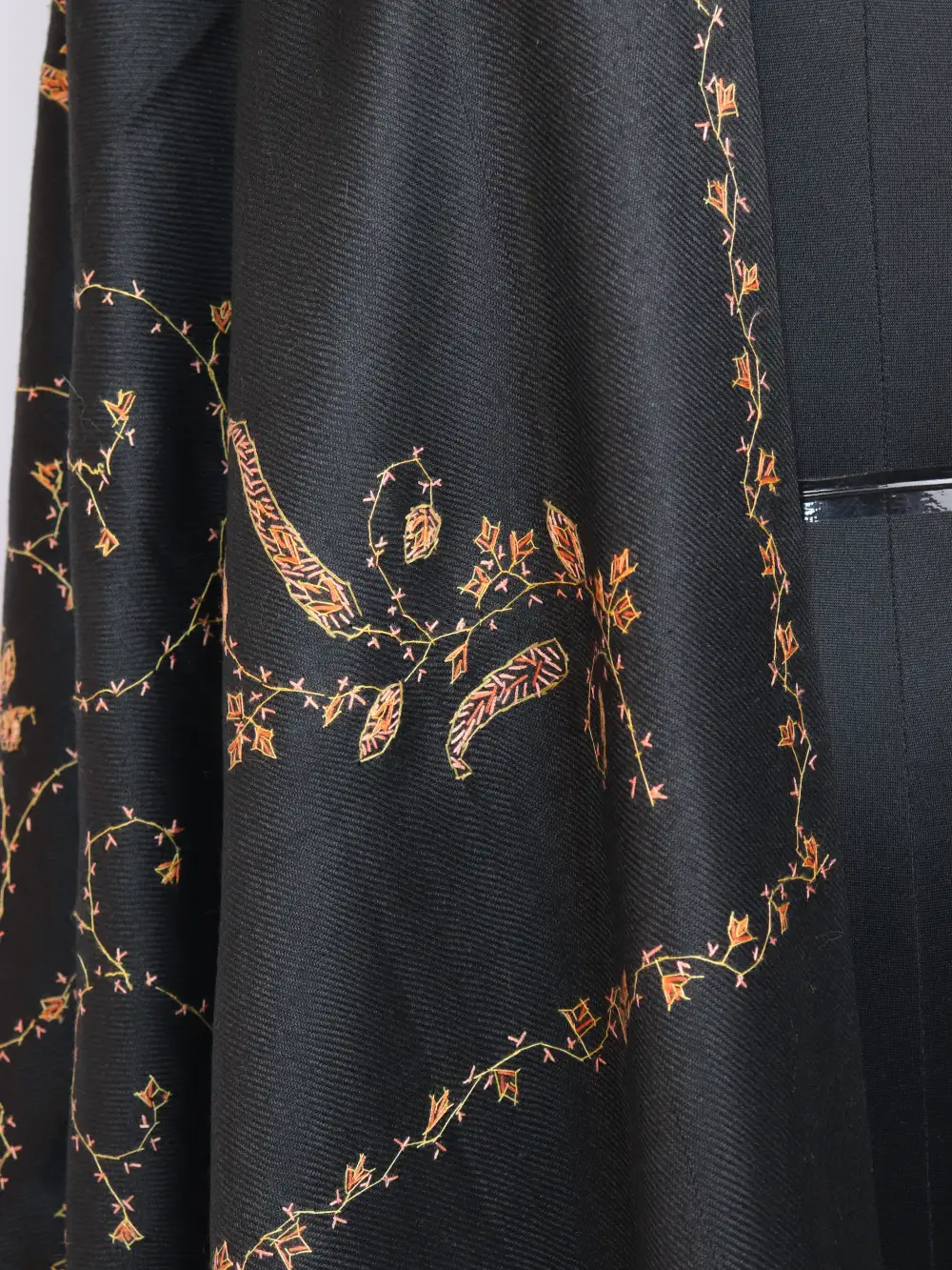 Hand Sozni Embroidery Womens Nigeen Black Shawl in Cashmilon Wool - Image 3