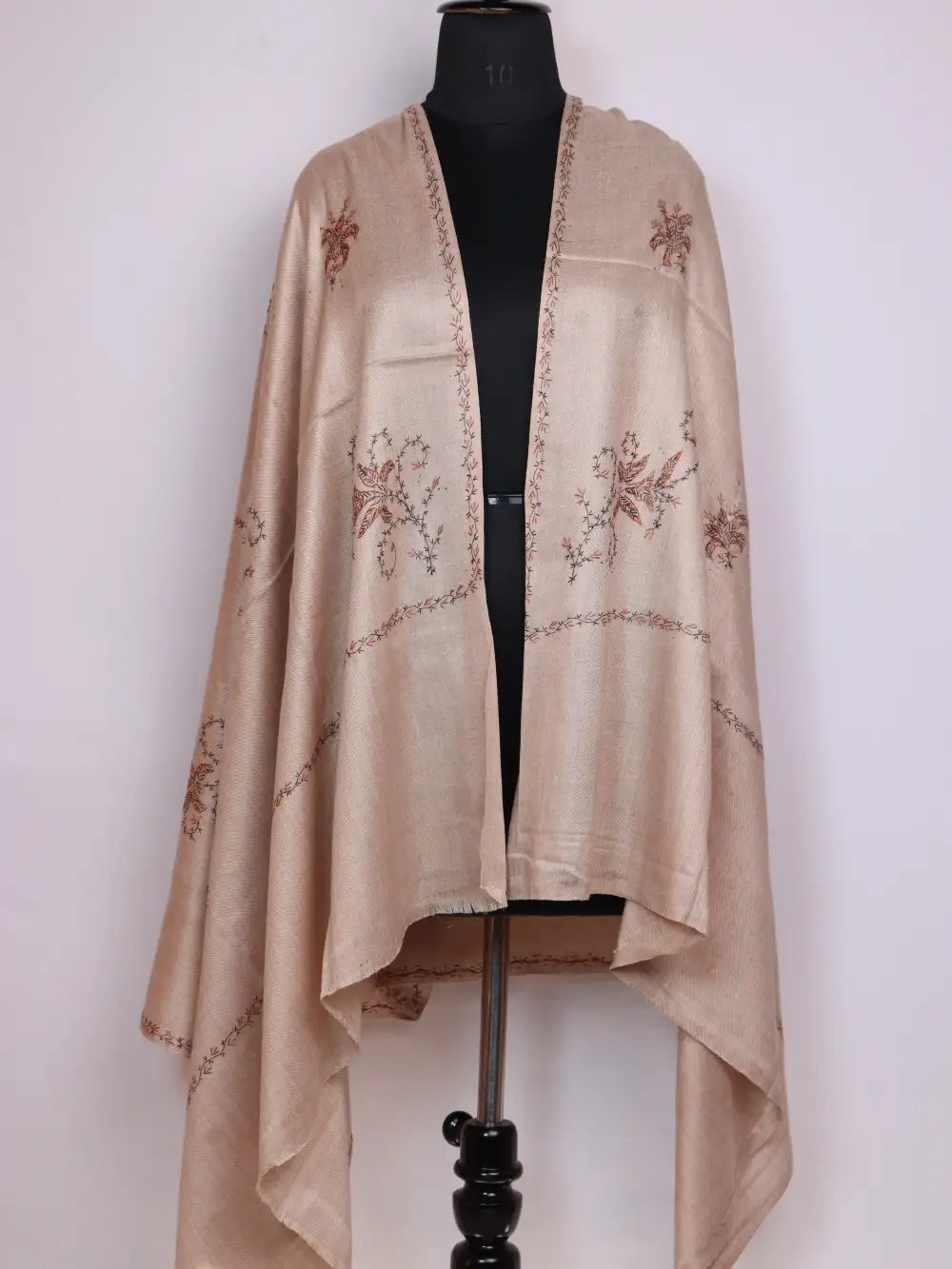 Beige Cashmilon Womens Nigeen Woolen Shawl in Cashmilon Wool with Hand Sozni Embroidery