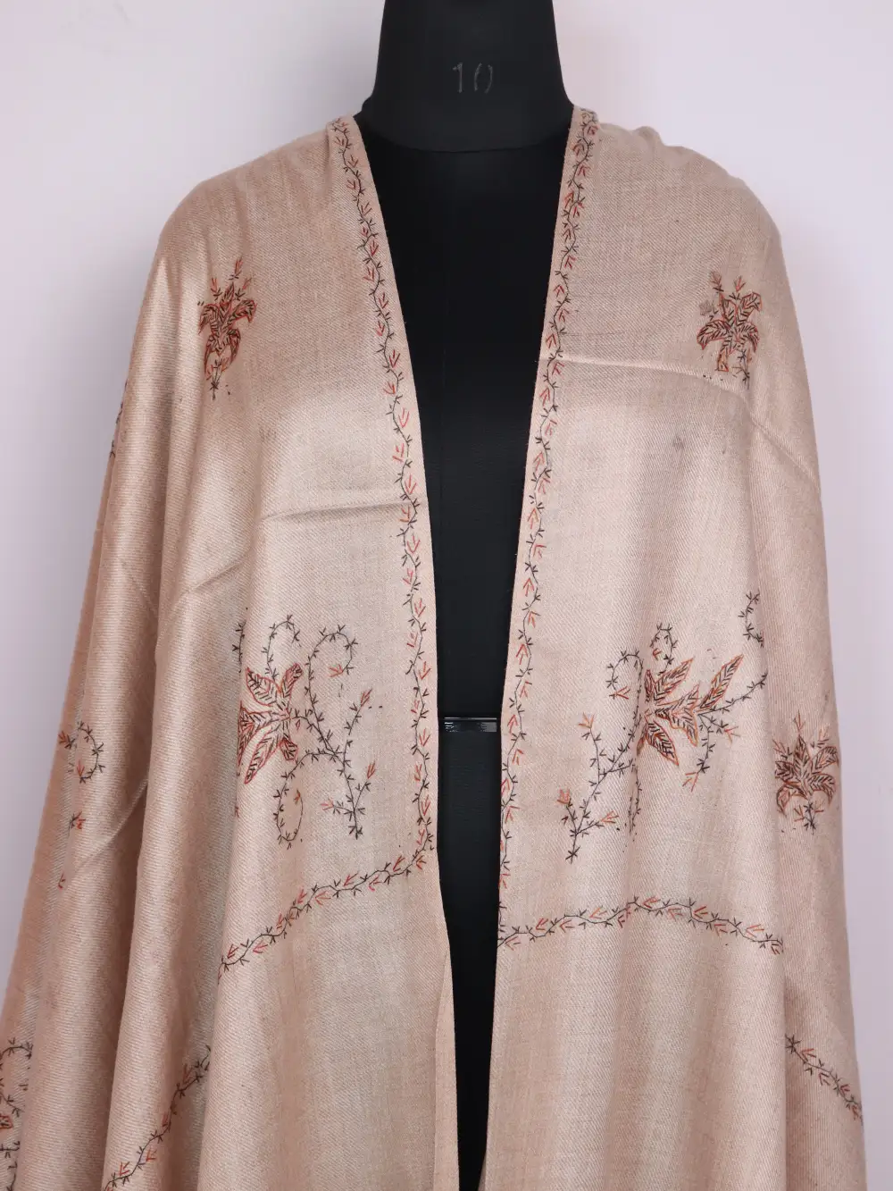 Beige Womens Nigeen Woolen Shawl in Cashmilon Hand Sozni Embroidery - Image 2