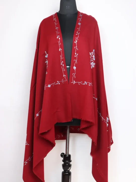 Maroon Hand Sozni Embroidery Womens Taroob Shawl in Cashmilon Wool