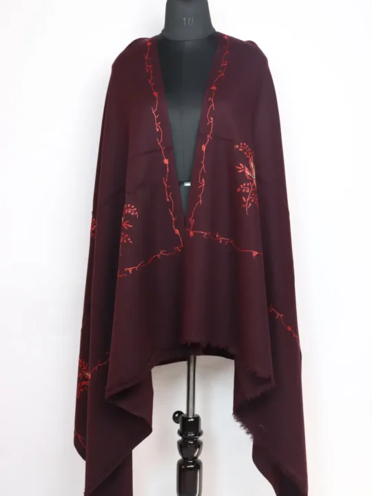 Hand Sozni Embroidery Womens Wine Taroob Shawl in Cashmilon Wool