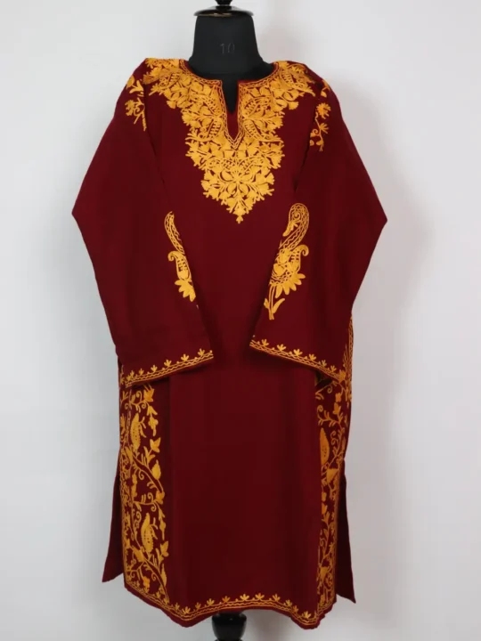 Maroon Aari Embroidered Side Jaal Pheran in Cashmilon Wool