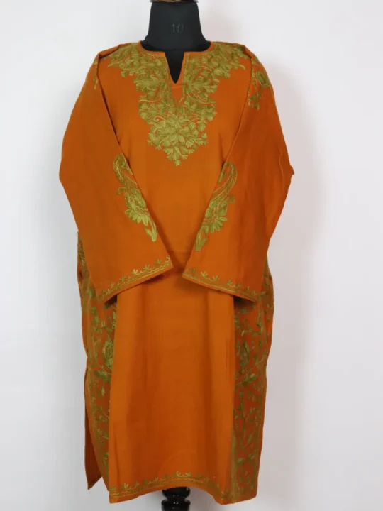 Mustard Aari Embroidered Side Jaal Pheran in Cashmilon Wool