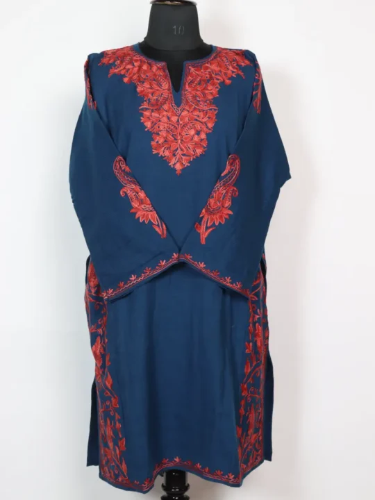 Cashmilon Wool Cyan Green Pheran with Aari Embroidered Side Jaal