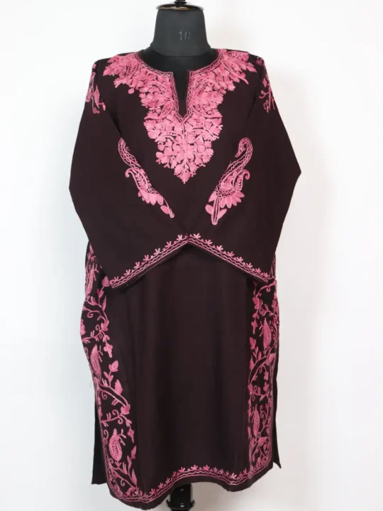 Cashmilon Wool dark Brown Pheran with Side Jaal Aari Embroidery