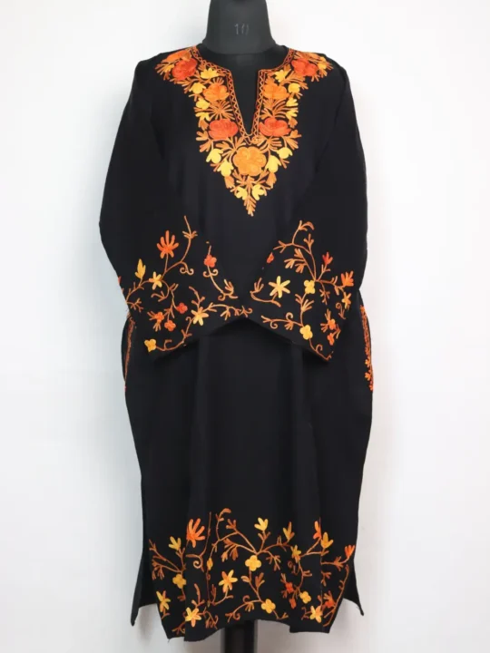 Huda Black Aari Work Jaal Border Pheran in Cashmilon Wool